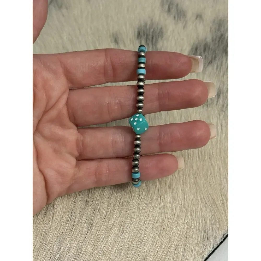 Native American Sterling Silver Navajo Pearl Turquoise Stretch Bracelet Dice